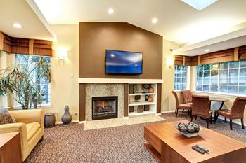 Novela Apartment Homes Resident Lounge Interior Lit Up